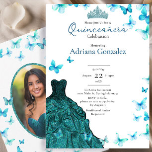 Teal Butterflies Dress Tiara Photo Quinceanera Invitation
