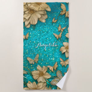 Teal Butterflies Faux Gold Glitter Custom Name Beach Towel