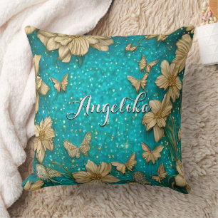 Teal Butterflies Faux Gold Glitter Custom Name Cushion