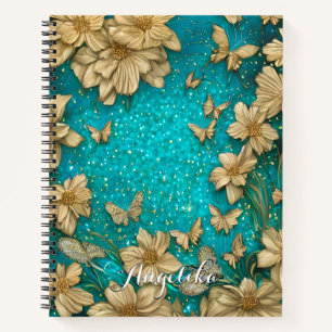 Teal Butterflies Faux Gold Glitter Custom Name Notebook