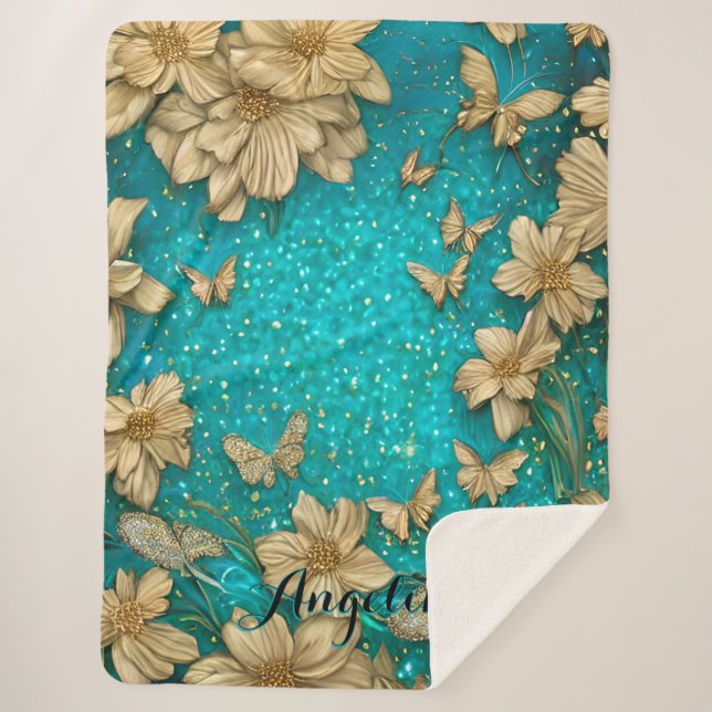 Teal Butterflies Faux Gold Glitter Custom Name Sherpa Blanket (Front)