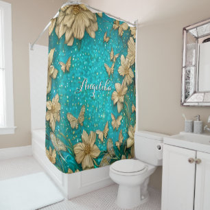 Teal Butterflies Faux Gold Glitter Custom Name Shower Curtain