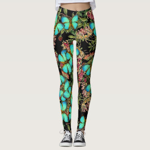 Teal Butterflies Floral All Over Print Leggings