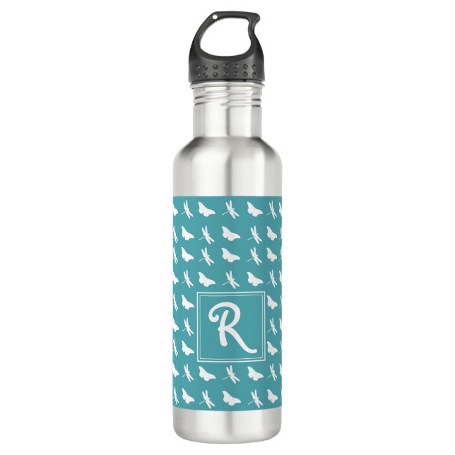 Teal Butterfly and Dragonfly Pattern Monogram 710 Ml Water Bottle (Front)