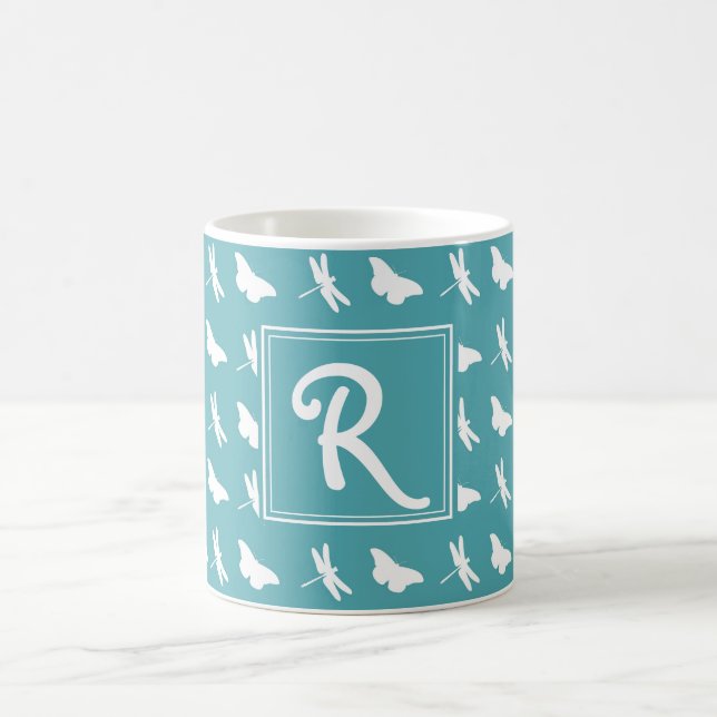 Teal Butterfly and Dragonfly Pattern Monogram Coffee Mug (Center)
