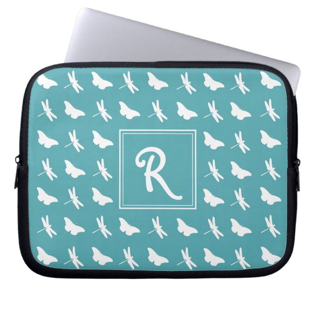 Teal Butterfly and Dragonfly Pattern Monogram Laptop Sleeve (Front)