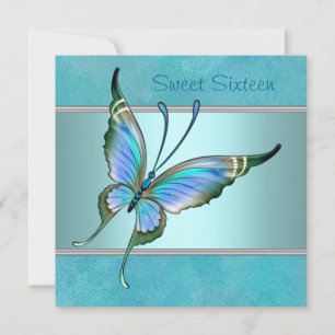 Teal Butterfly Blue Sweet Sixteen Party Invitation
