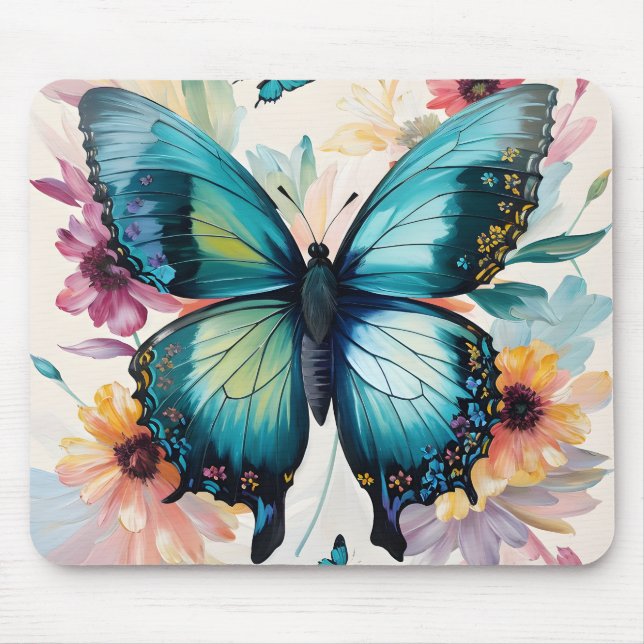 Teal Butterfly Colourful Flowers Art Mouse Pad (Front)
