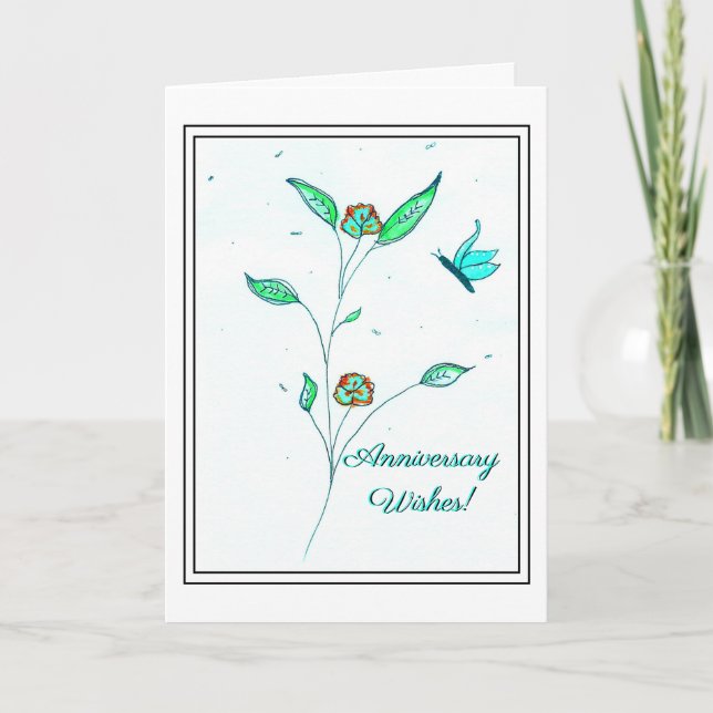 Teal Butterfly Copper Flowers Anniversary Card (Front)
