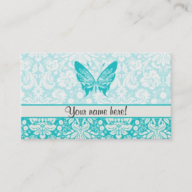 Teal Butterfly; Damask Pattern Business Card (Front)