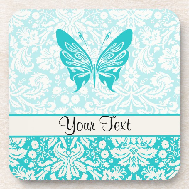Teal Butterfly; Damask Pattern Coaster (Front)