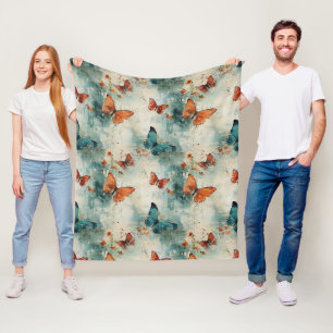 Teal Butterfly English Garden Vintage Floral Fleece Blanket