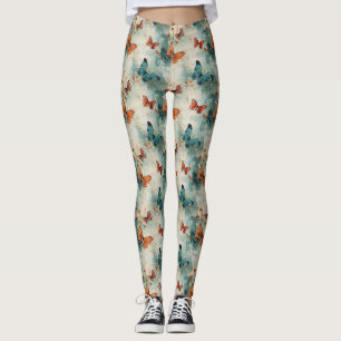 Teal Butterfly English Garden Vintage Floral Leggings