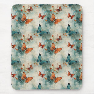 Teal Butterfly English Garden Vintage Floral Mouse Pad