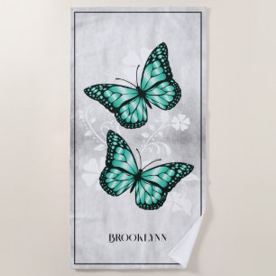 Teal Butterfly Floral Beach Towel