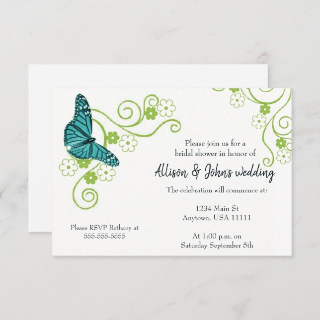 Teal Butterfly Floral Bridal Shower Invite (Front/Back)