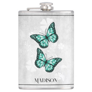 Teal Butterfly Floral Flask