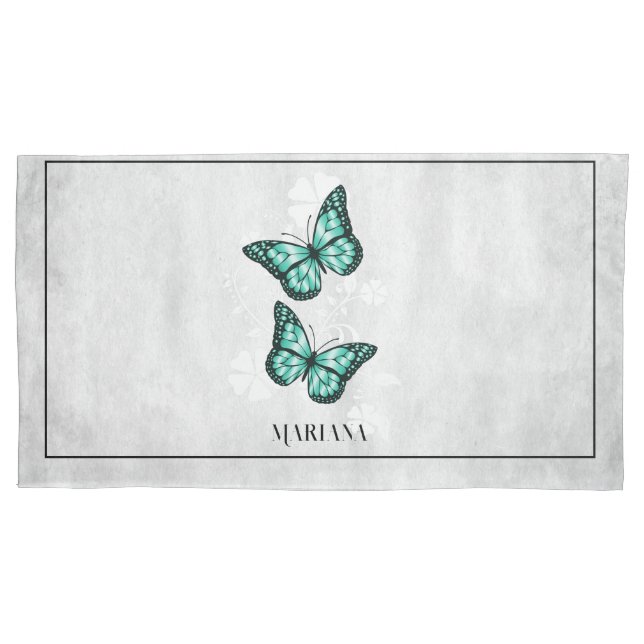 Teal Butterfly Floral Pillow Case (Front)