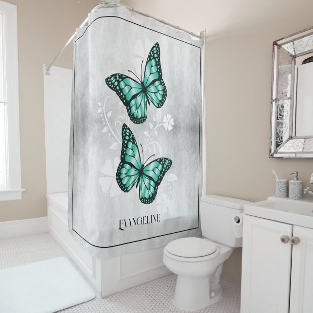 Teal Butterfly Floral Shower Curtain (In Situ)
