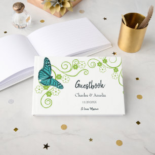 Teal Butterfly Floral Wedding Day Guestbook