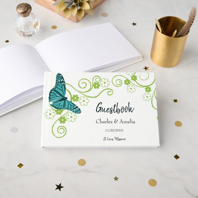 Teal Butterfly Floral Wedding Day Guestbook (Front Open)