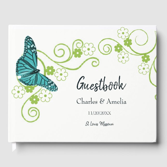 Teal Butterfly Floral Wedding Day Guestbook (Front)