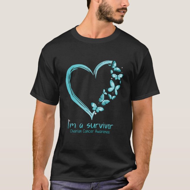 Teal Butterfly He I'M A Survivor Ovarian Cancer Aw T-Shirt (Front)