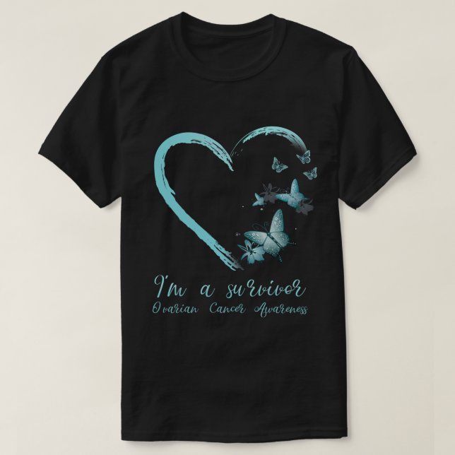 Teal Butterfly Heart Survivor Ovarian Cancer Aware T-Shirt (Design Front)