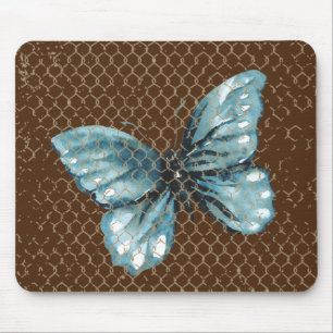 Teal Butterfly in Chain Link Fence Design Mouse Pad