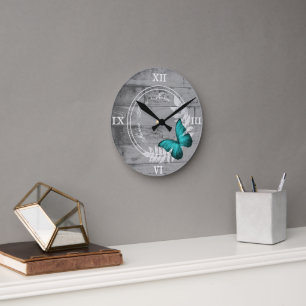 Teal Butterfly Rustic Acrylic Wall Clock