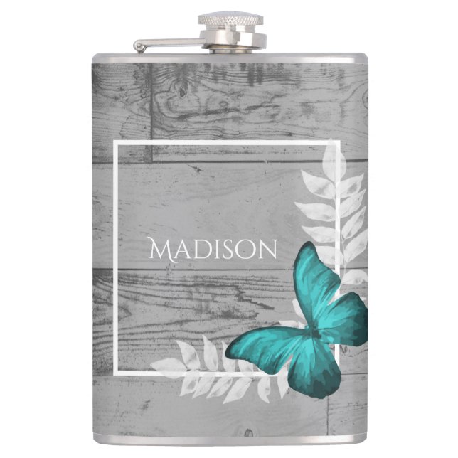 Teal Butterfly Rustic Flask (Front)