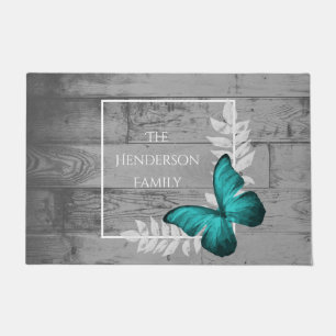 Teal Butterfly Rustic Personalised Doormat