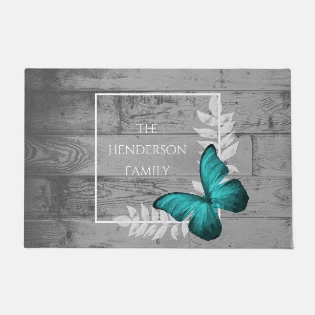 Teal Butterfly Rustic Personalised Doormat (Front)