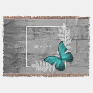 Teal Butterfly Rustic Personalised Throw Blanket