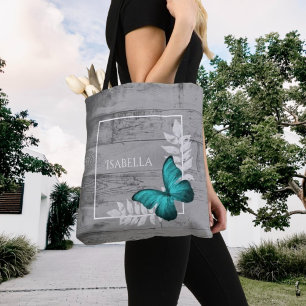 Teal Butterfly Rustic Personalised Tote Bag