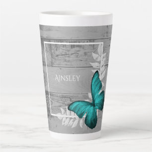 Teal Butterfly Rustic Personalized Latte Mug