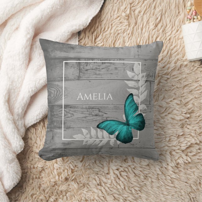 Teal Butterfly Rustic Throw Pillow (Blanket)