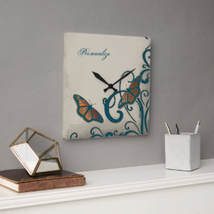 Teal Butterfly Swirl Wall Clock