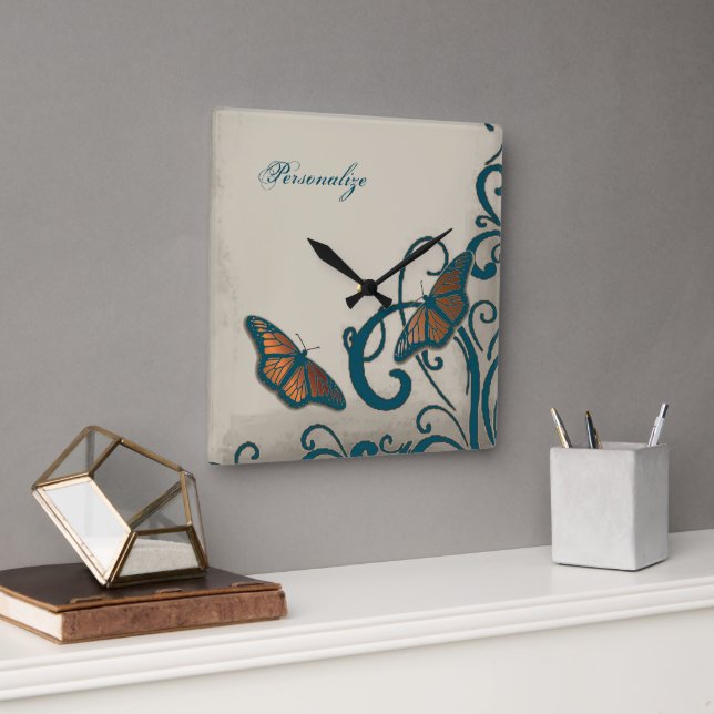Teal Butterfly Swirl Wall Clock (Office)