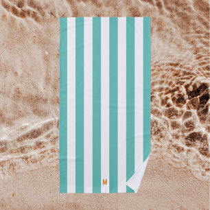 Teal Cabana Stripe & Personalised Orange Monogram Beach Towel