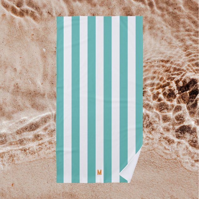 Teal Cabana Stripe & Personalised Orange Monogram Beach Towel (Creator Uploaded)