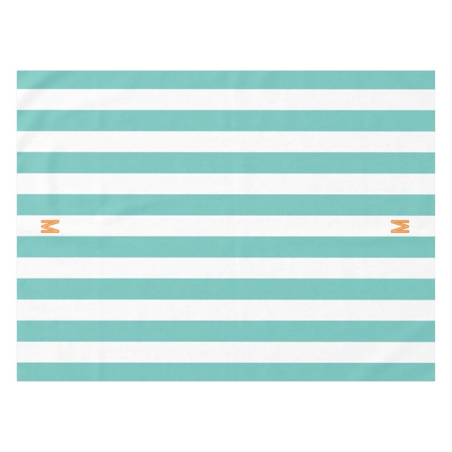 Teal Cabana Stripe & Personalised Orange Monogram Tablecloth (Front (Horizontal))