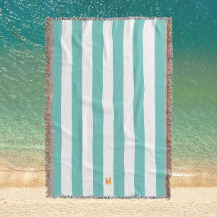 Teal Cabana Stripe & Personalised Orange Monogram Throw Blanket