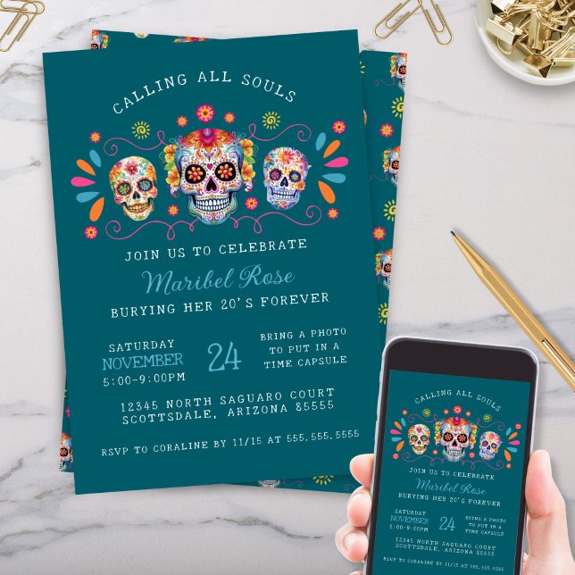 Teal Caladera Day of the Dead Sugar Skull Birthday Invitation (aqua teal day of the dead calling all souls caladera mexican sugar skull birthday party invitations)