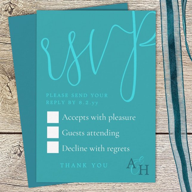 Teal Calligraphy Script Wedding RSVP Card (teal green wedding rsvp enclosure card with elegant script calligraphy, return response card)