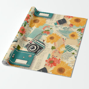 Teal Camera Golden Sunflower Summer Collage Wrapping Paper