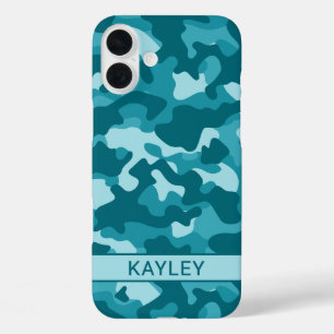 Teal Camouflage Personalized iPhone 16 Plus Case