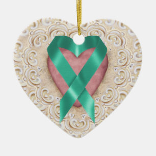 Teal Cancer Ribbon From the Heart - SRF Ceramic Tree Decoration