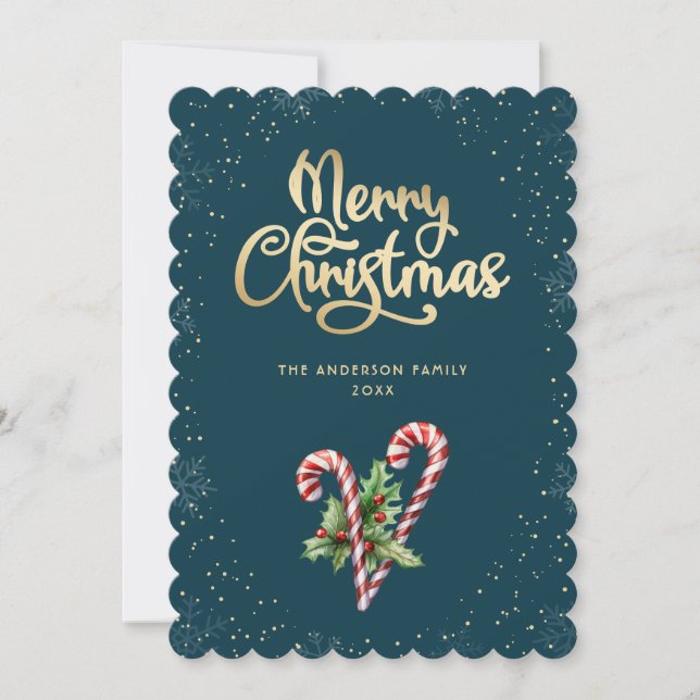Teal Candy Cane Holly Berries Christmas Holiday Card (Front)