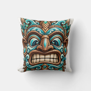 Teal Carved Guardian Tiki Throw Pillow